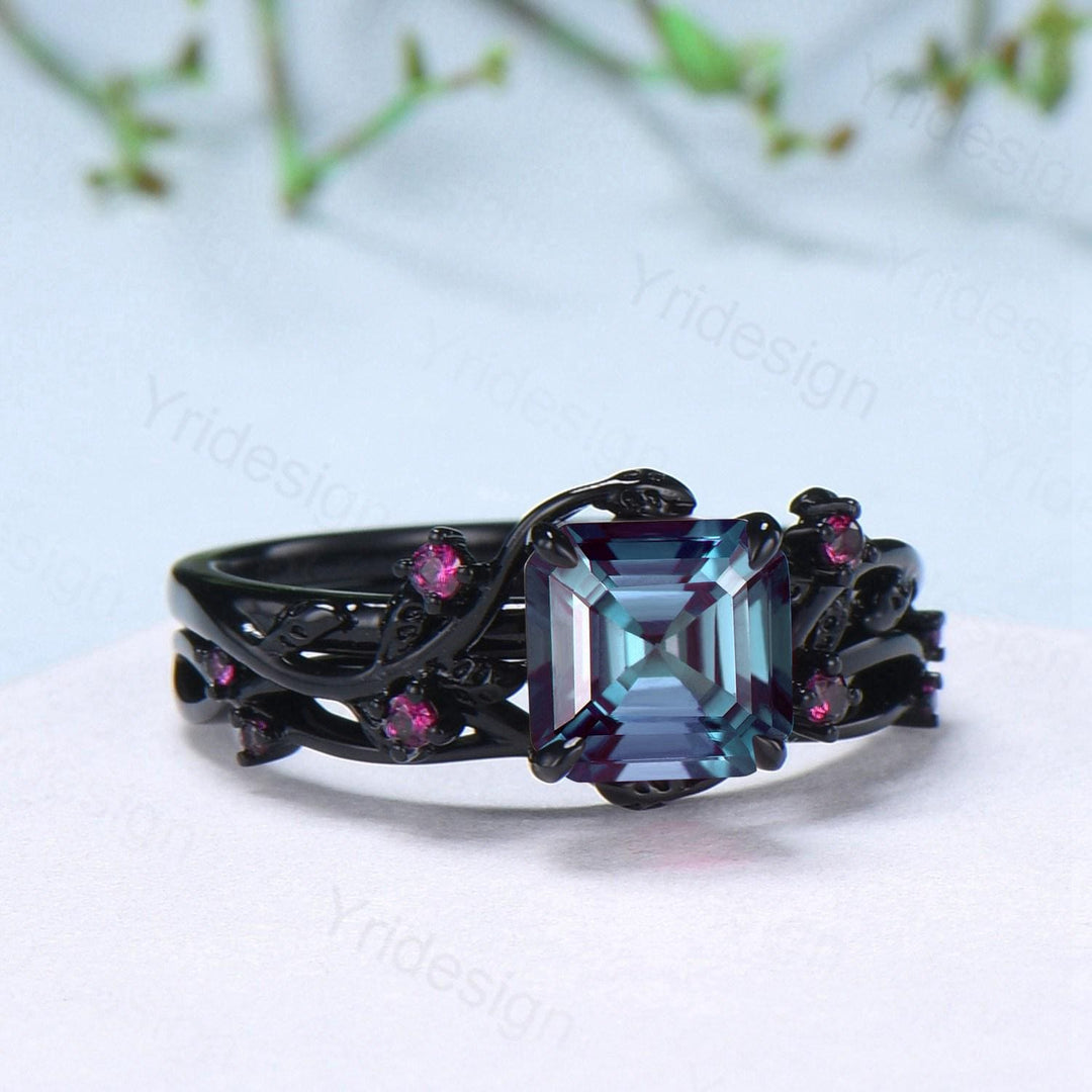 Unique gothic Asscher cut alexandrite engagement ring set black gold natural inspired alexandrite ruby wedding ring set leaf vine bridal set - PENFINE