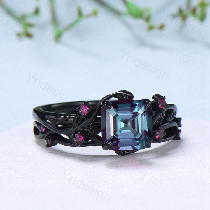 Unique gothic Asscher cut alexandrite engagement ring set black gold natural inspired alexandrite ruby wedding ring set leaf vine bridal set - PENFINE