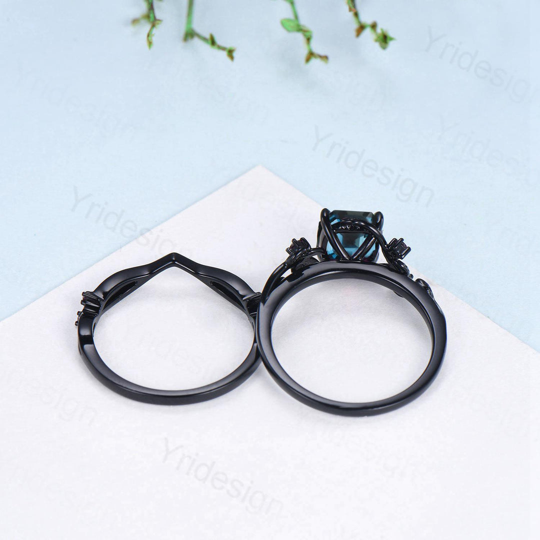 Unique gothic Asscher cut alexandrite engagement ring set black gold natural inspired alexandrite ruby wedding ring set leaf vine bridal set - PENFINE