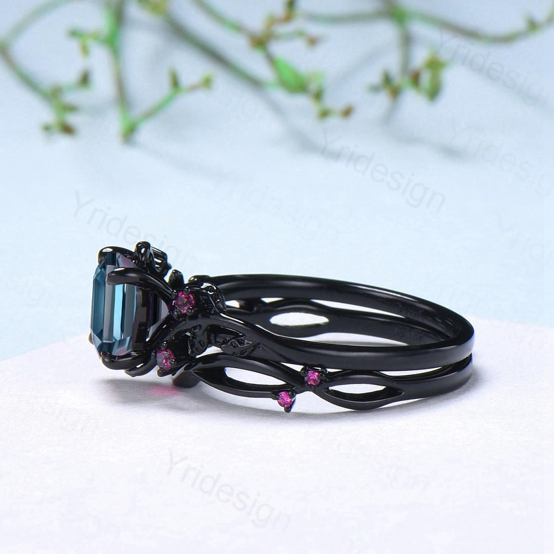 Unique gothic Asscher cut alexandrite engagement ring set black gold natural inspired alexandrite ruby wedding ring set leaf vine bridal set - PENFINE