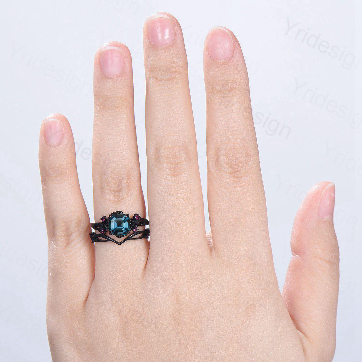 Unique gothic Asscher cut alexandrite engagement ring set black gold natural inspired alexandrite ruby wedding ring set leaf vine bridal set - PENFINE