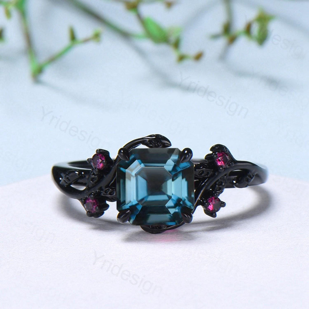 Unique gothic Asscher cut alexandrite engagement ring set black gold natural inspired alexandrite ruby wedding ring set leaf vine bridal set - PENFINE