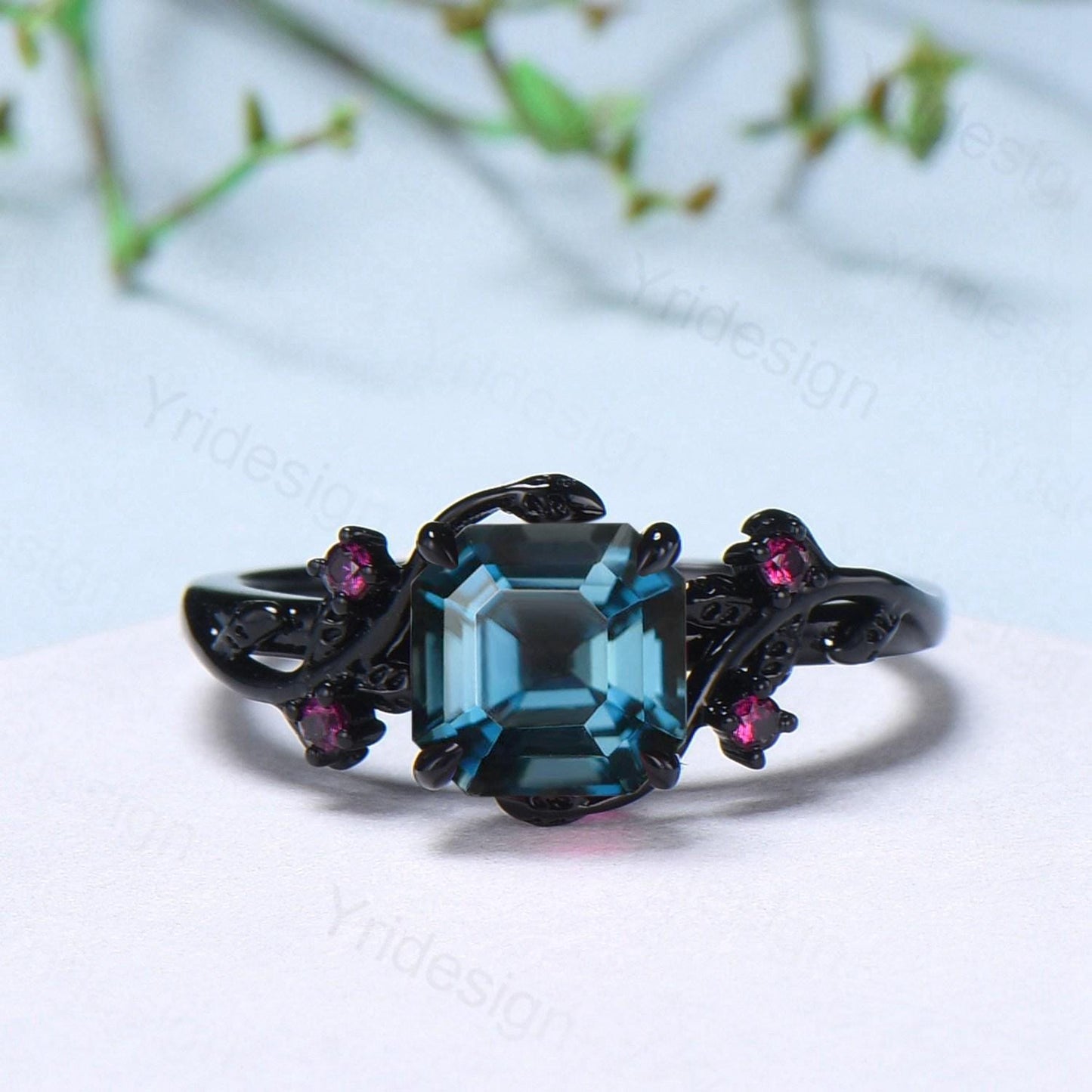 Unique gothic Asscher cut alexandrite engagement ring set black gold natural inspired alexandrite ruby wedding ring set leaf vine bridal set - PENFINE