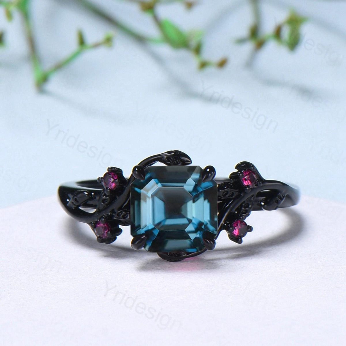 Unique gothic Asscher cut alexandrite engagement ring set black gold natural inspired alexandrite ruby wedding ring set leaf vine bridal set - PENFINE