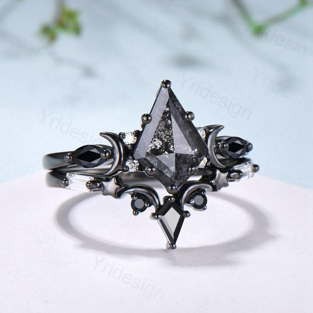 Unique kite cut salt and pepper diamond engagement ring set black gold moon and star bridal wedding set handmade anniversary promise gifts - PENFINE