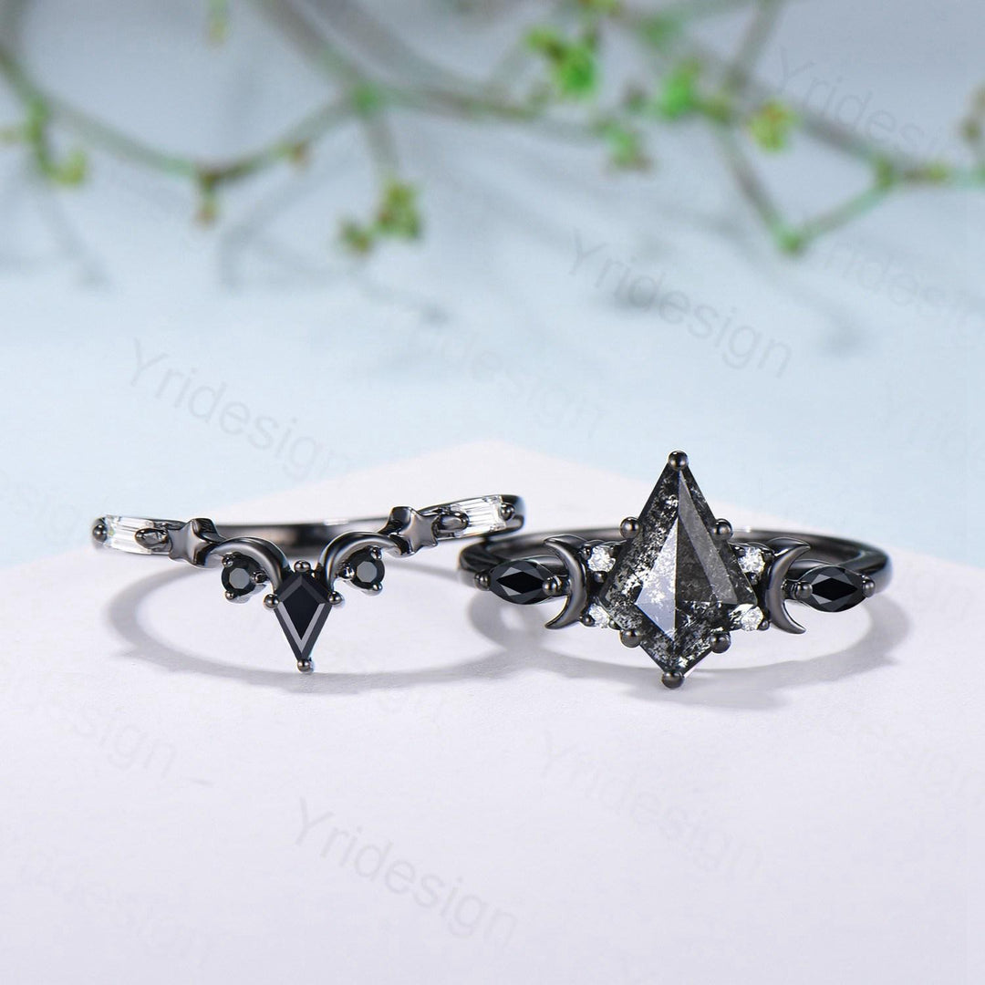 Unique kite cut salt and pepper diamond engagement ring set black gold moon and star bridal wedding set handmade anniversary promise gifts - PENFINE