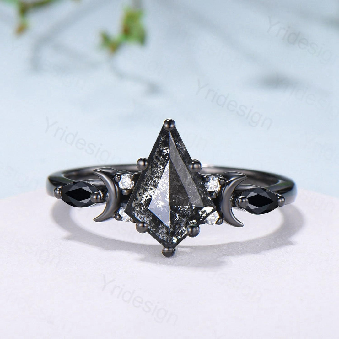 Unique kite cut salt and pepper diamond engagement ring set black gold moon and star bridal wedding set handmade anniversary promise gifts - PENFINE