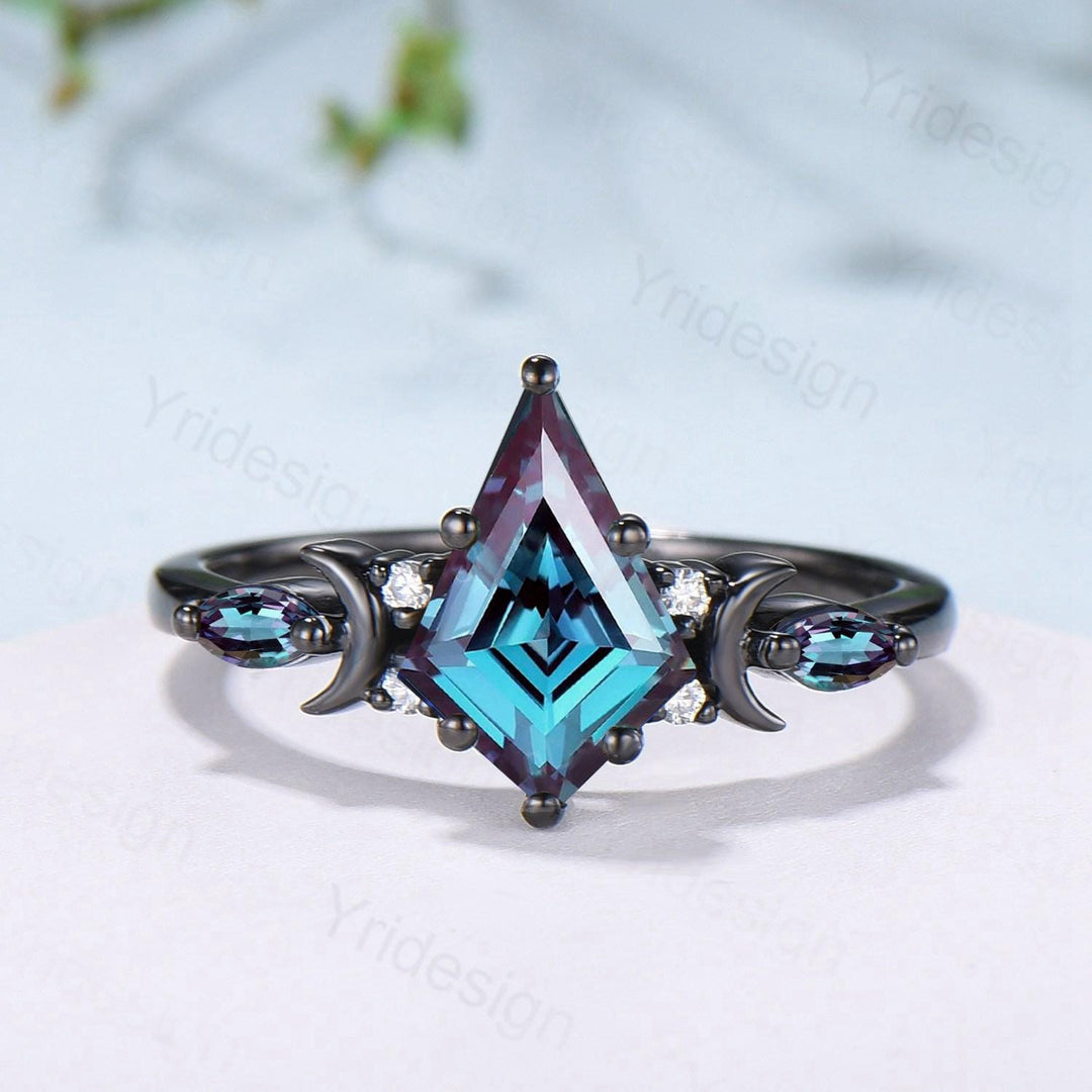 Black gold kite cut alexandrite engagement ring set Crescent moon star color change June birthstone ring unique gothic bridal ring set women - PENFINE