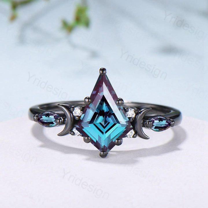 Black gold kite cut alexandrite engagement ring set Crescent moon star color change June birthstone ring unique gothic bridal ring set women - PENFINE