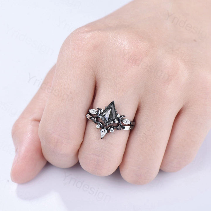 Black gold kite cut alexandrite engagement ring set Crescent moon star color change June birthstone ring unique gothic bridal ring set women - PENFINE