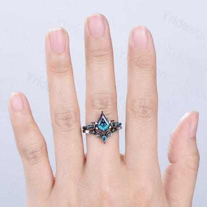 Black gold kite cut alexandrite engagement ring set Crescent moon star color change June birthstone ring unique gothic bridal ring set women - PENFINE