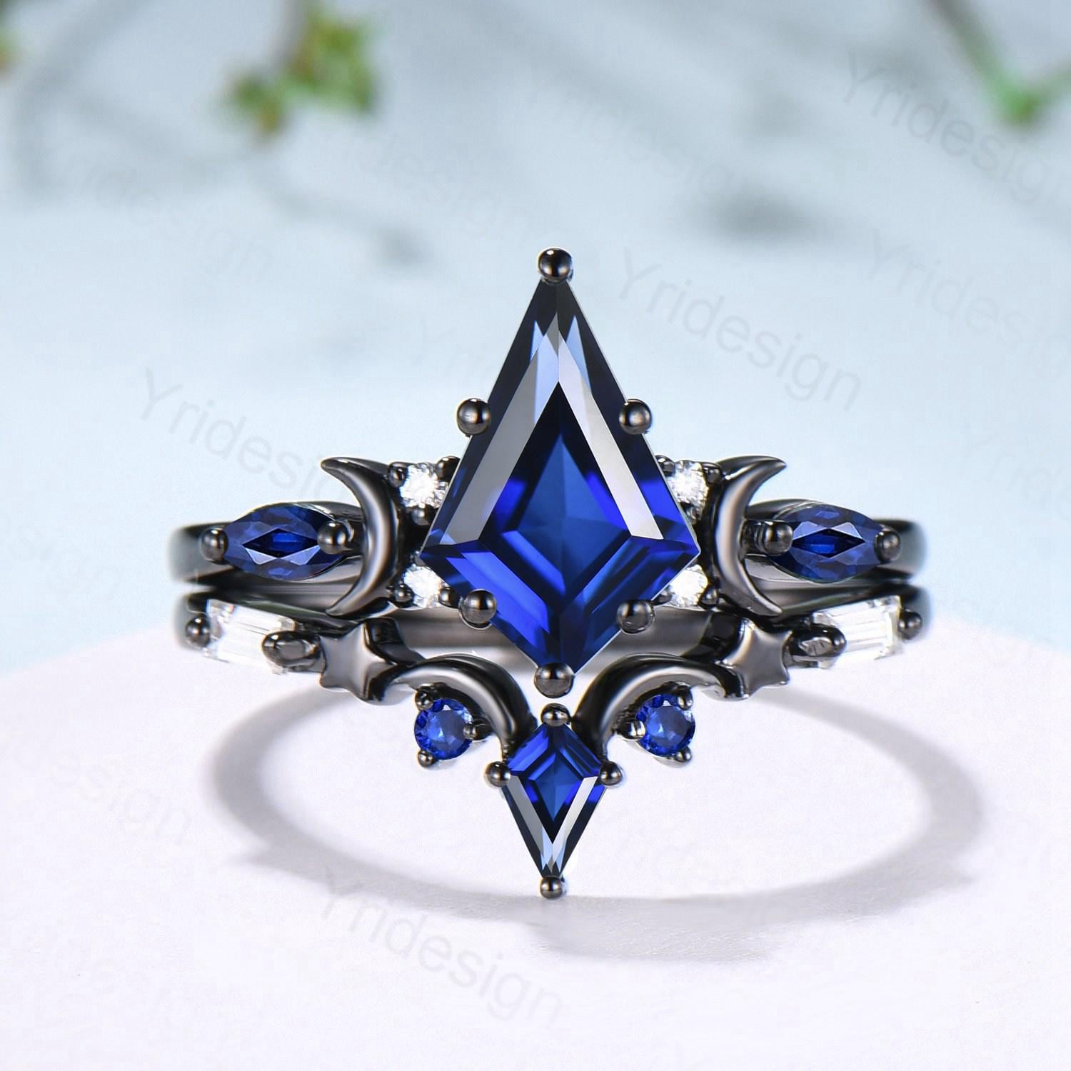 Unique black gold blue sapphire engagement ring set moon star kite cut sapphire wedding ring set elegant gothic anniversary bridal set women - PENFINE