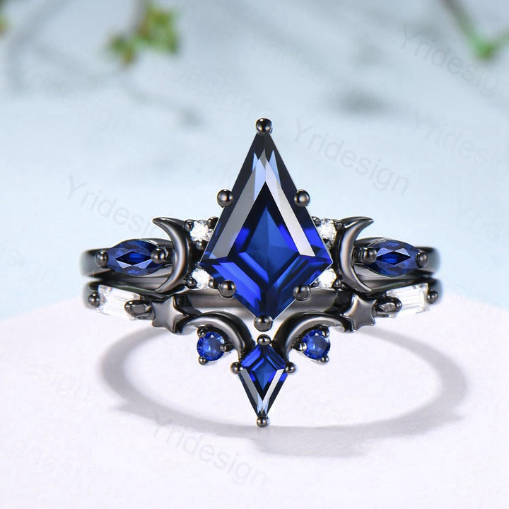 Unique black gold blue sapphire engagement ring set moon star kite cut sapphire wedding ring set elegant gothic anniversary bridal set women - PENFINE
