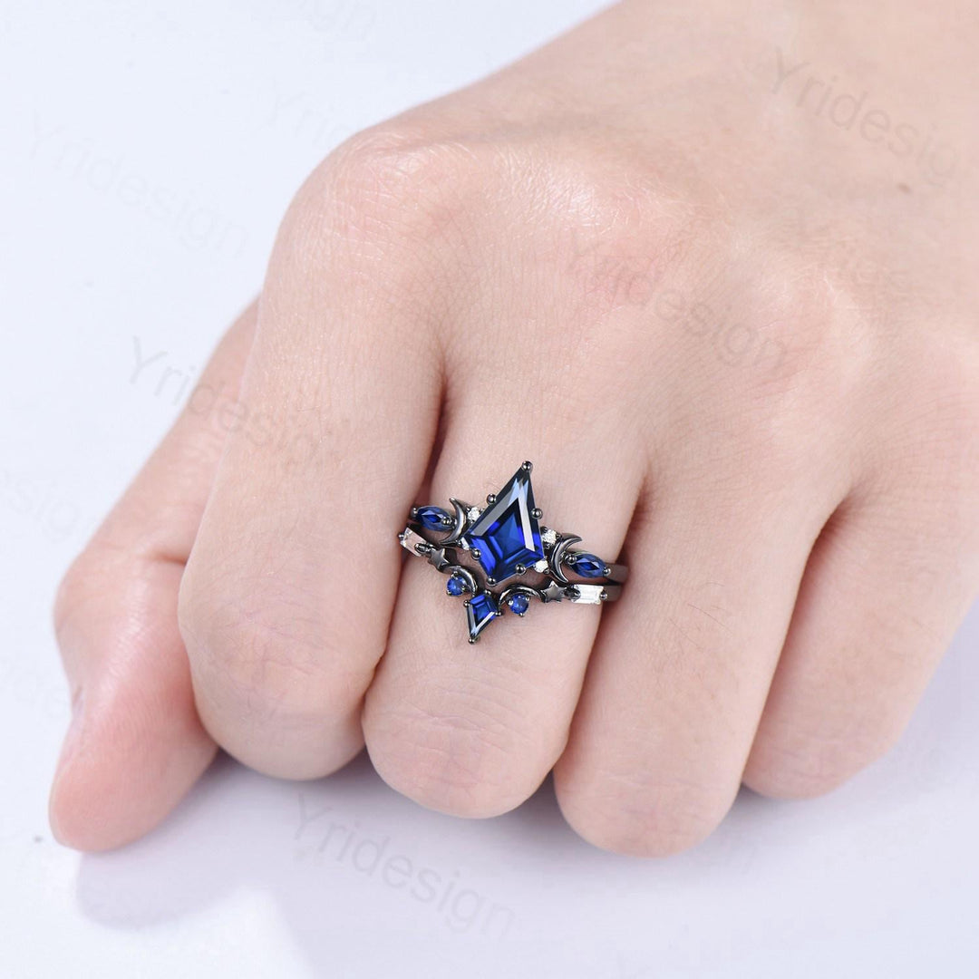Unique black gold blue sapphire engagement ring set moon star kite cut sapphire wedding ring set elegant gothic anniversary bridal set women - PENFINE
