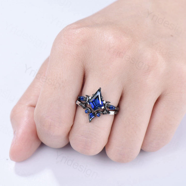 Unique black gold blue sapphire engagement ring set moon star kite cut sapphire wedding ring set elegant gothic anniversary bridal set women - PENFINE