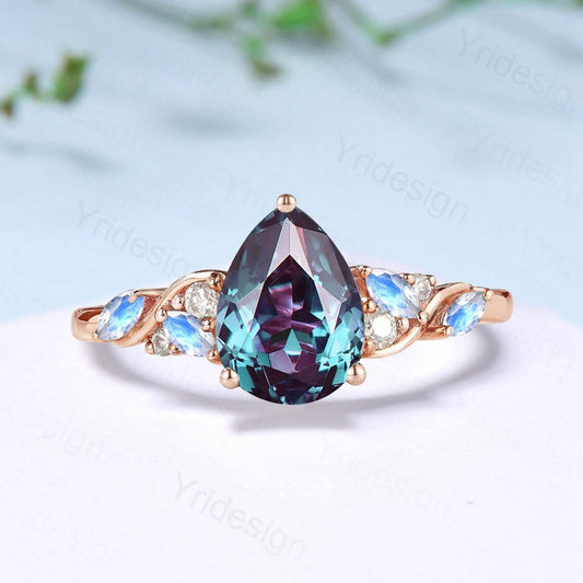 Vintage Pear shaped alexandrite engagement ring cluster marquise moonstone wedding ring June birthstone anniversary jewelry gifts for her - PENFINE