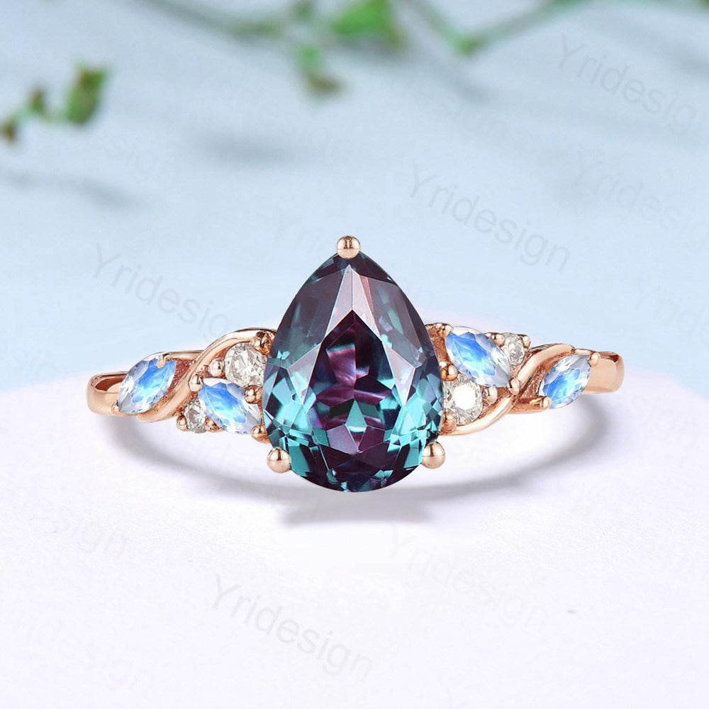 Vintage Pear shaped alexandrite engagement ring cluster marquise moonstone wedding ring June birthstone anniversary jewelry gifts for her - PENFINE