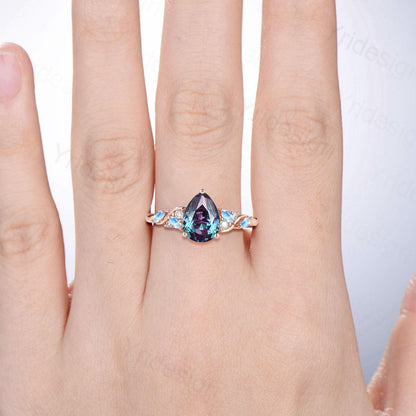 Vintage Pear shaped alexandrite engagement ring cluster marquise moonstone wedding ring June birthstone anniversary jewelry gifts for her - PENFINE