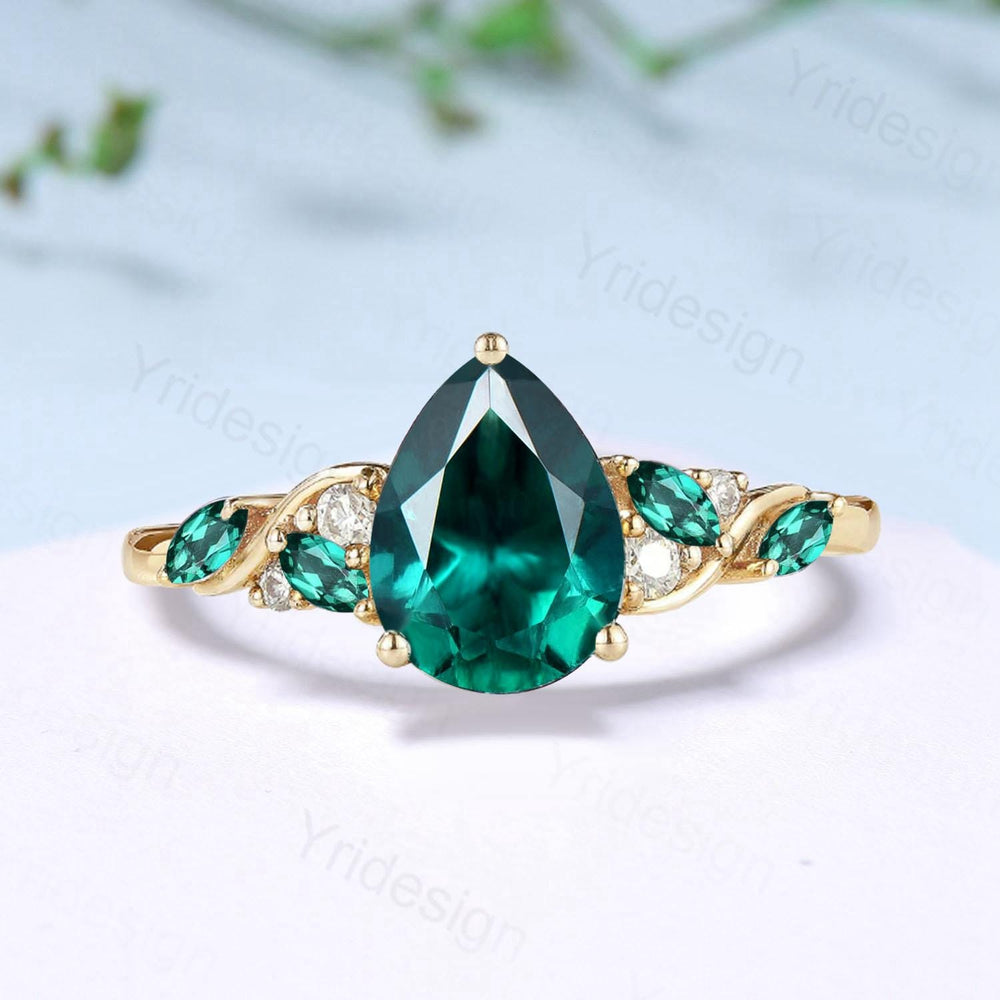 Vintage Pear Shaped Emerald Engagement Ring Art deco Inspired Marriage May Birthstone ring Unique Anniversary Promise Gift For Daughter - PENFINE