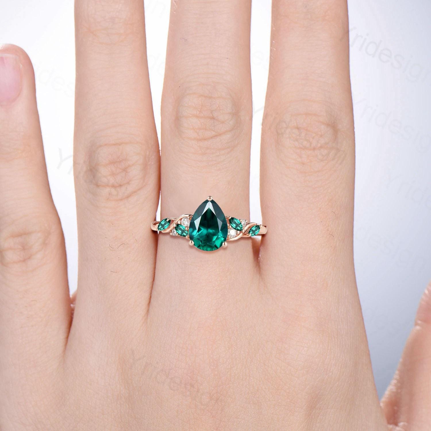 Vintage Pear Shaped Emerald Engagement Ring Art deco Inspired Marriage May Birthstone ring Unique Anniversary Promise Gift For Daughter - PENFINE