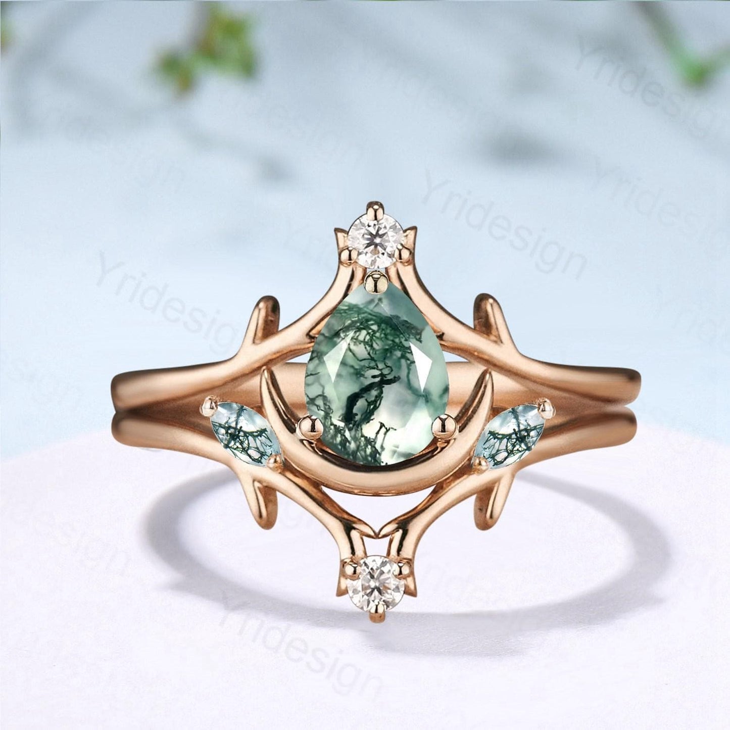 Unique Pear Shaped Natural Moss Agate Engagement Ring Set Crescent Moon inspired Wedding Set Branch Stacking Band Art Deco 2pcs Bridal Set - PENFINE