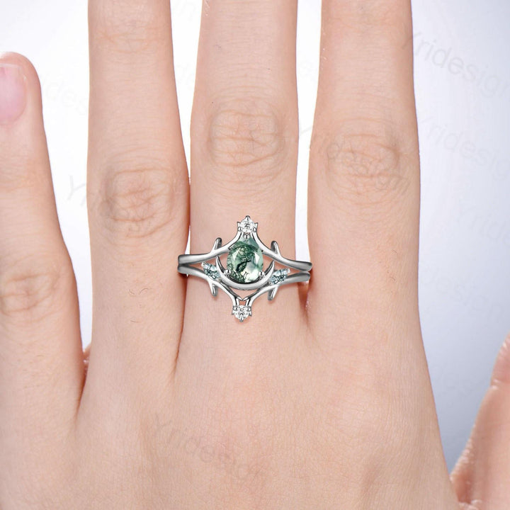Unique Pear Shaped Natural Moss Agate Engagement Ring Set Crescent Moon inspired Wedding Set Branch Stacking Band Art Deco 2pcs Bridal Set - PENFINE
