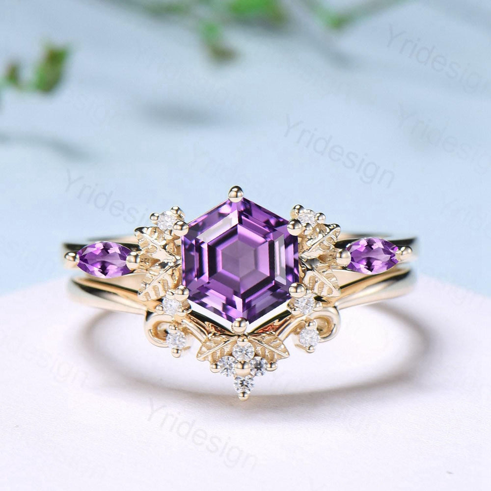 Vintage hexagon cut amethyst engagement ring set 14k yellow gold Nature inspired leaf vine Feb birthstone wedding ring set Anniversary Gifts - PENFINE
