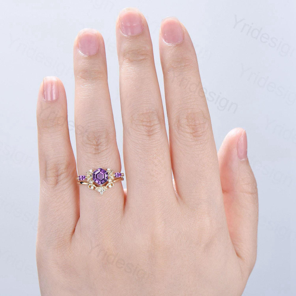 Vintage hexagon cut amethyst engagement ring set 14k yellow gold Nature inspired leaf vine Feb birthstone wedding ring set Anniversary Gifts - PENFINE