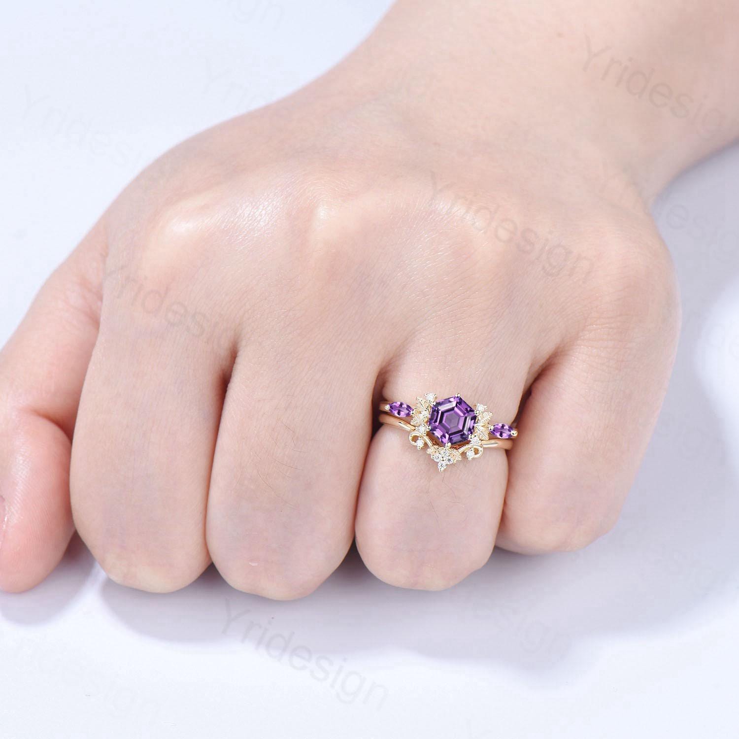 Vintage hexagon cut amethyst engagement ring set 14k yellow gold Nature inspired leaf vine Feb birthstone wedding ring set Anniversary Gifts - PENFINE