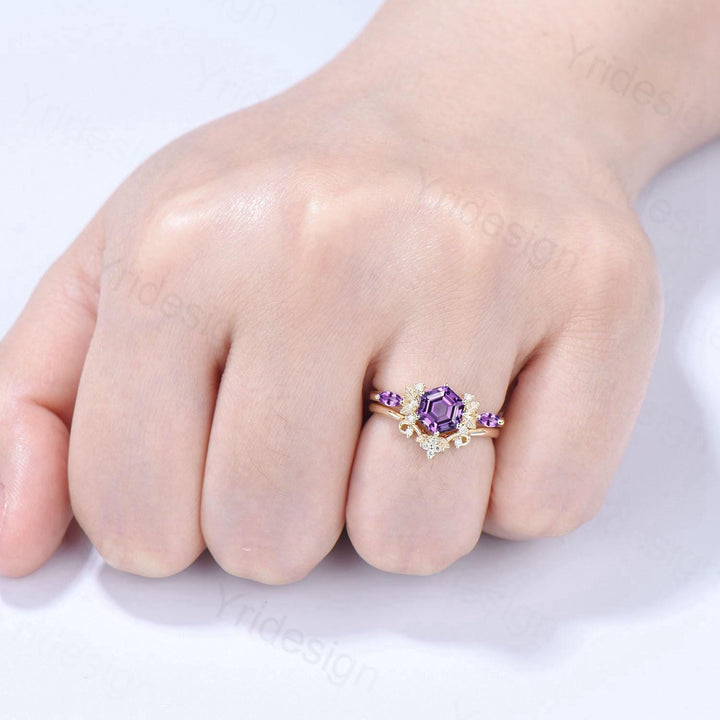 Vintage hexagon cut amethyst engagement ring set 14k yellow gold Nature inspired leaf vine Feb birthstone wedding ring set Anniversary Gifts - PENFINE