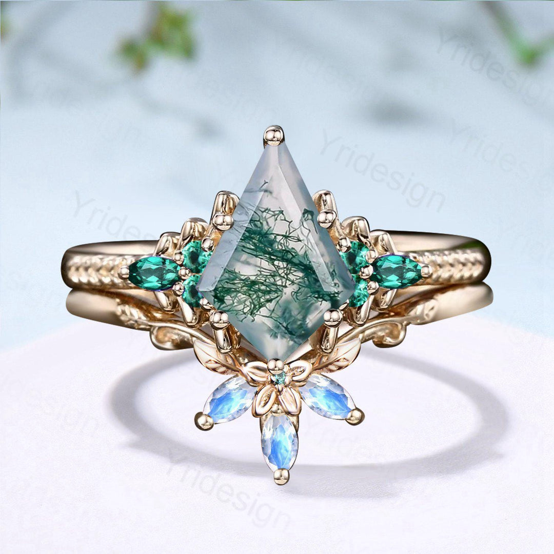 Unique Kite Cut Natural Moss Agate Engagement Ring Set Green Agate Emerald Wedding Set Vintage Marquise Moonstone Stacking Band Bridal Set - PENFINE