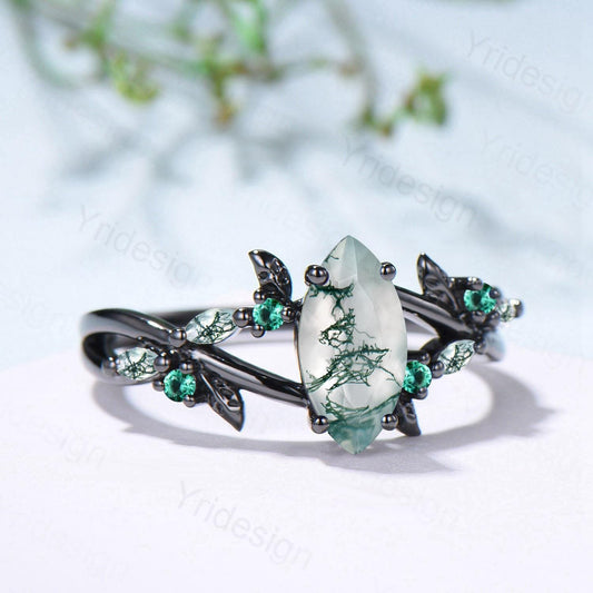 Unique Black Gold Moss Agate Ring Natural Inspired Gothic Marquise Cut Engagement Ring Branch Cluster Emerald Split Shank Wedding Ring Women - PENFINE