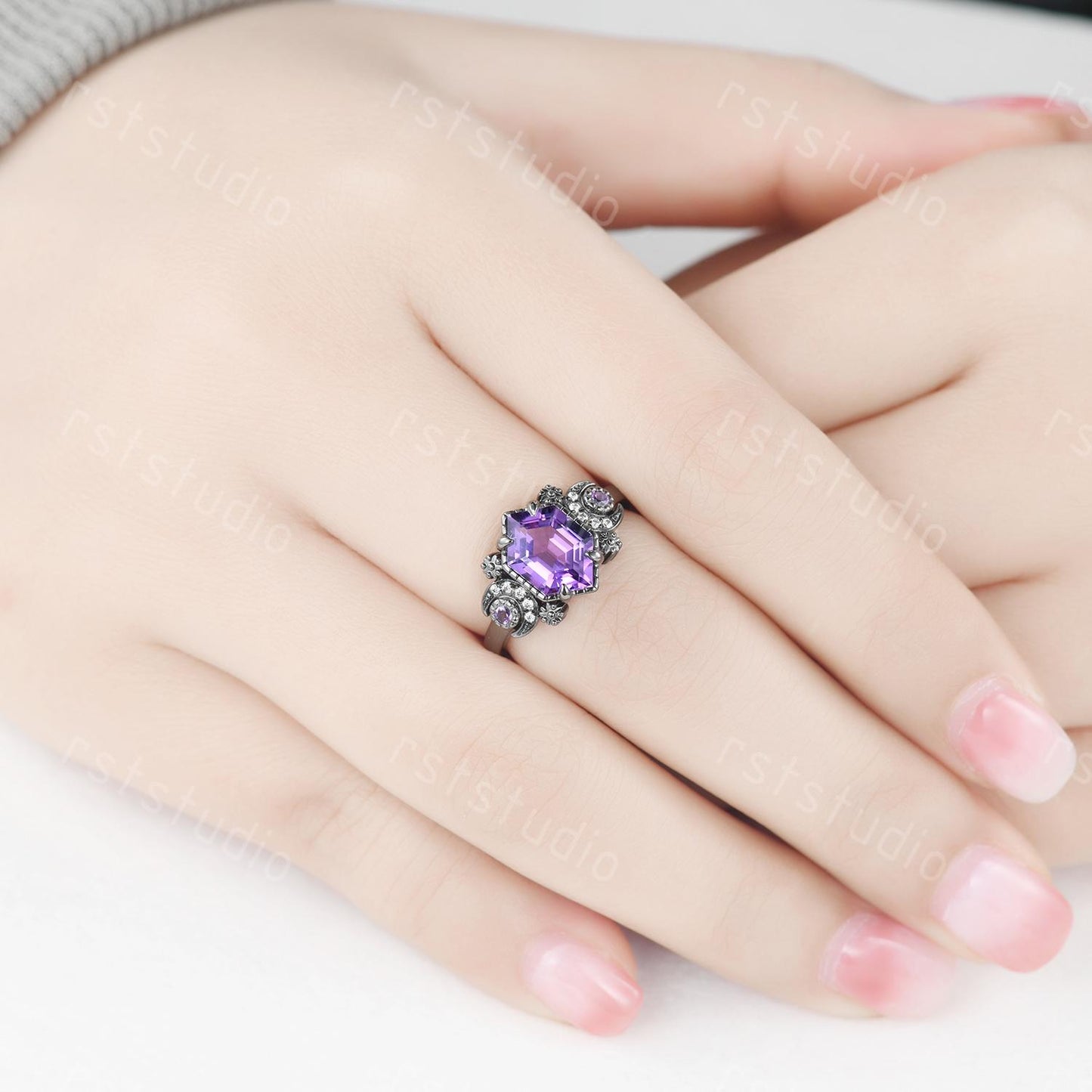 Gothic Hexagon Amethyst Wedding Ring Set: Tungsten & Black Gold Plated