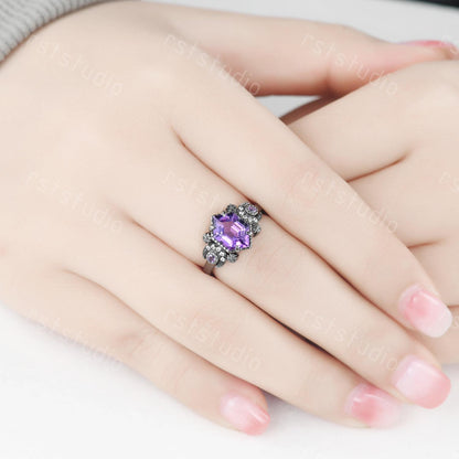 Gothic Hexagon Amethyst Wedding Ring Set: Tungsten & Black Gold Plated