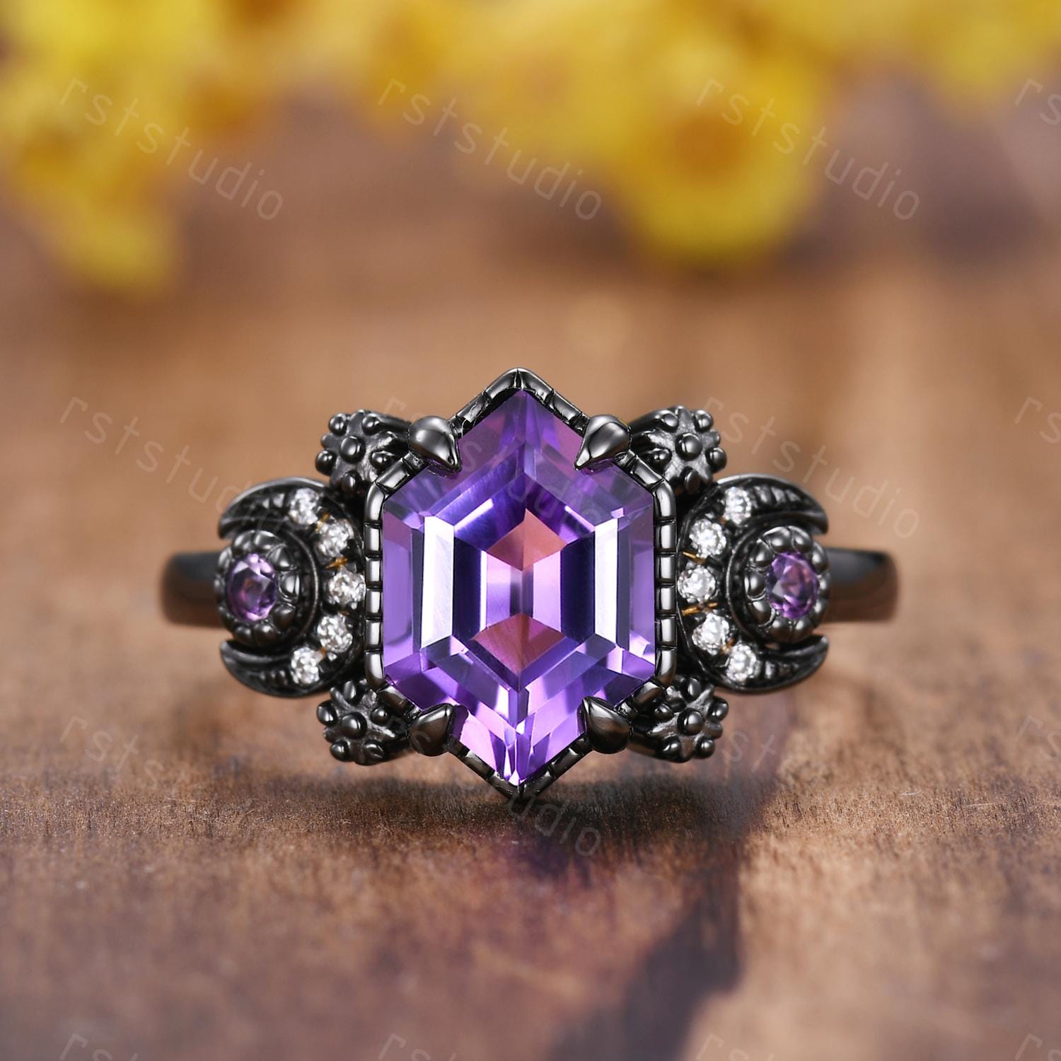 Gothic Hexagon Amethyst Wedding Ring Set: Tungsten & Black Gold Plated