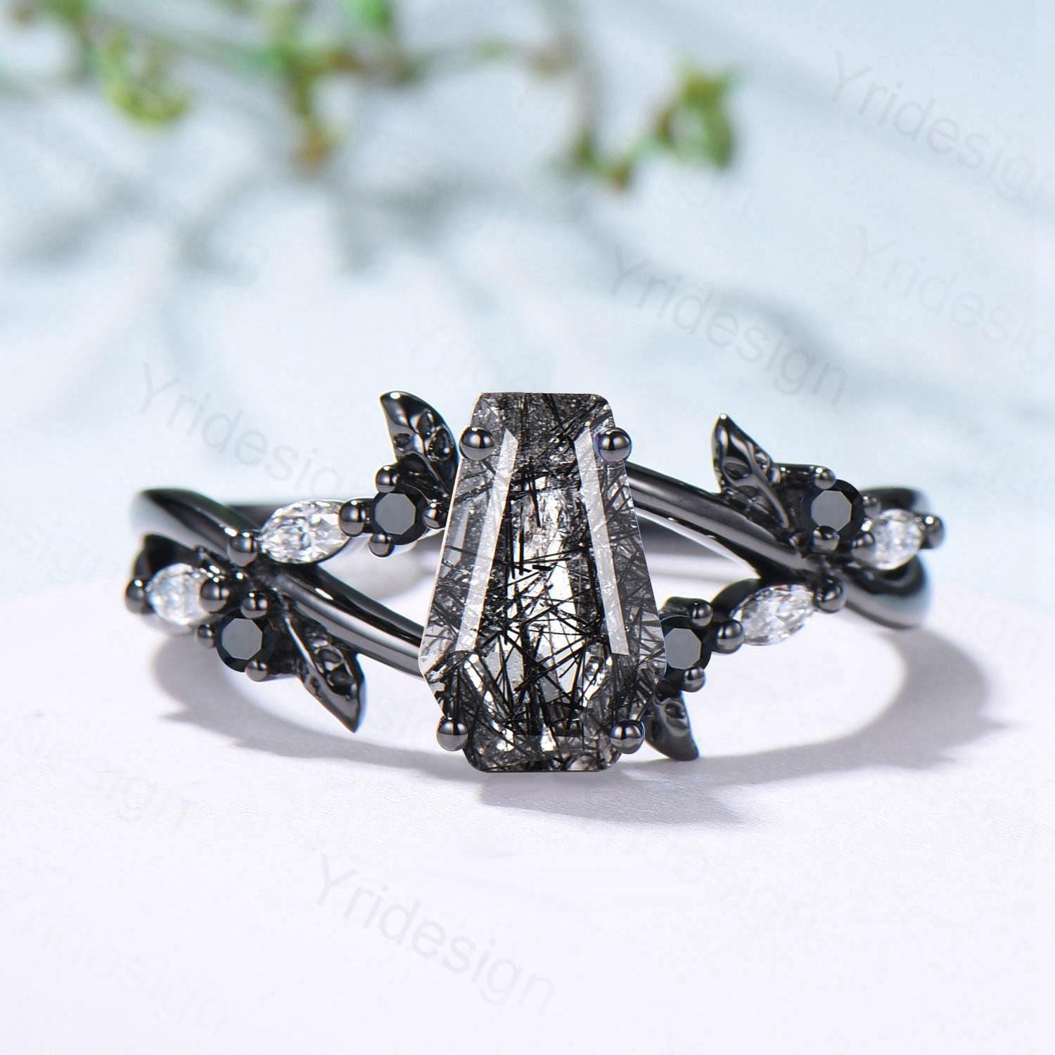 Art Deco Coffin Shape Black Rutilated Quartz Ring Black Gold  Shield Shape Gothic Engagement Ring Handmade Anniversary Proposal Gifts Women - PENFINE