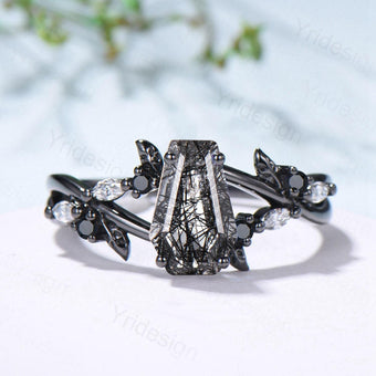 Art Deco Coffin Shape Black Rutilated Quartz Ring Black Gold  Shield Shape Gothic Engagement Ring Handmade Anniversary Proposal Gifts Women - PENFINE