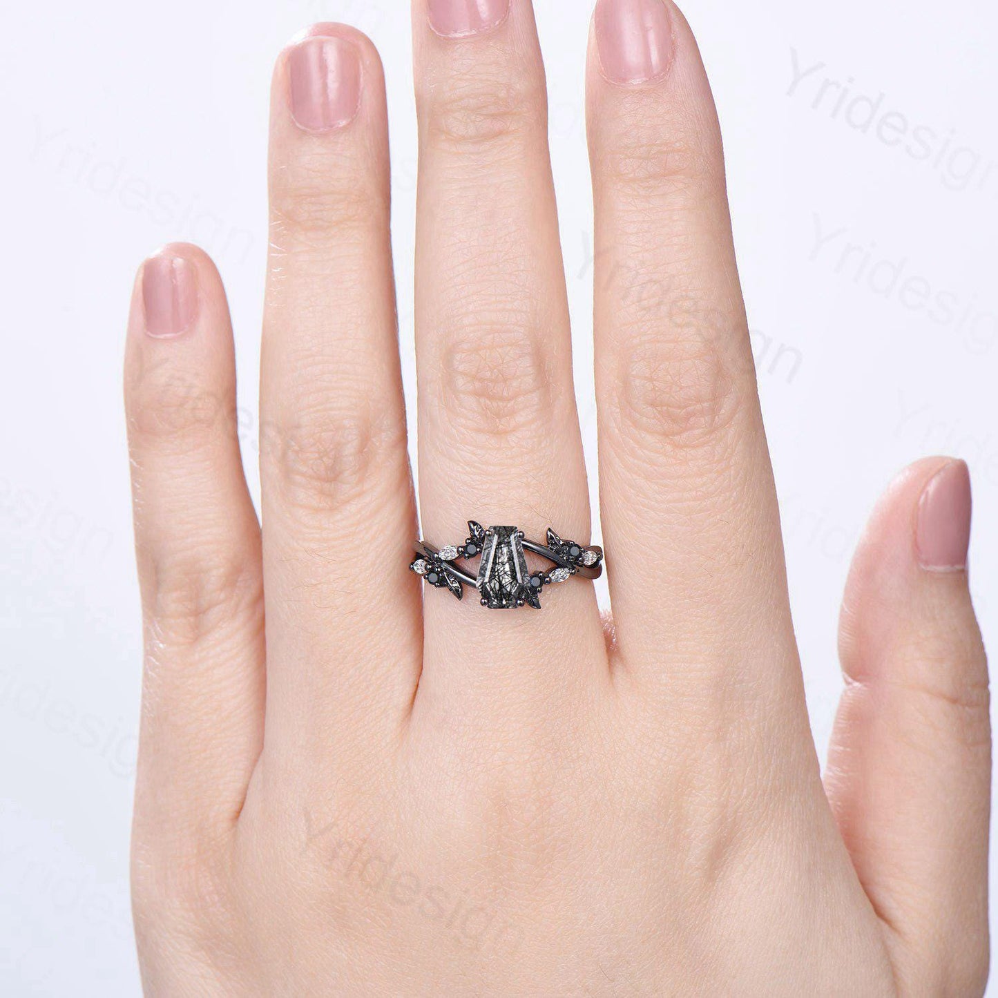 Art Deco Coffin Shape Black Rutilated Quartz Ring Black Gold  Shield Shape Gothic Engagement Ring Handmade Anniversary Proposal Gifts Women - PENFINE