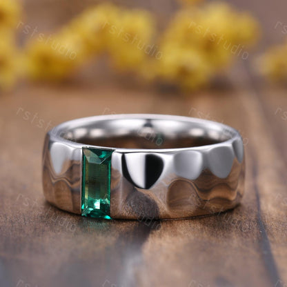 Mens Baguette Emerald Ring: Hammered Sterling Silver Wedding Band