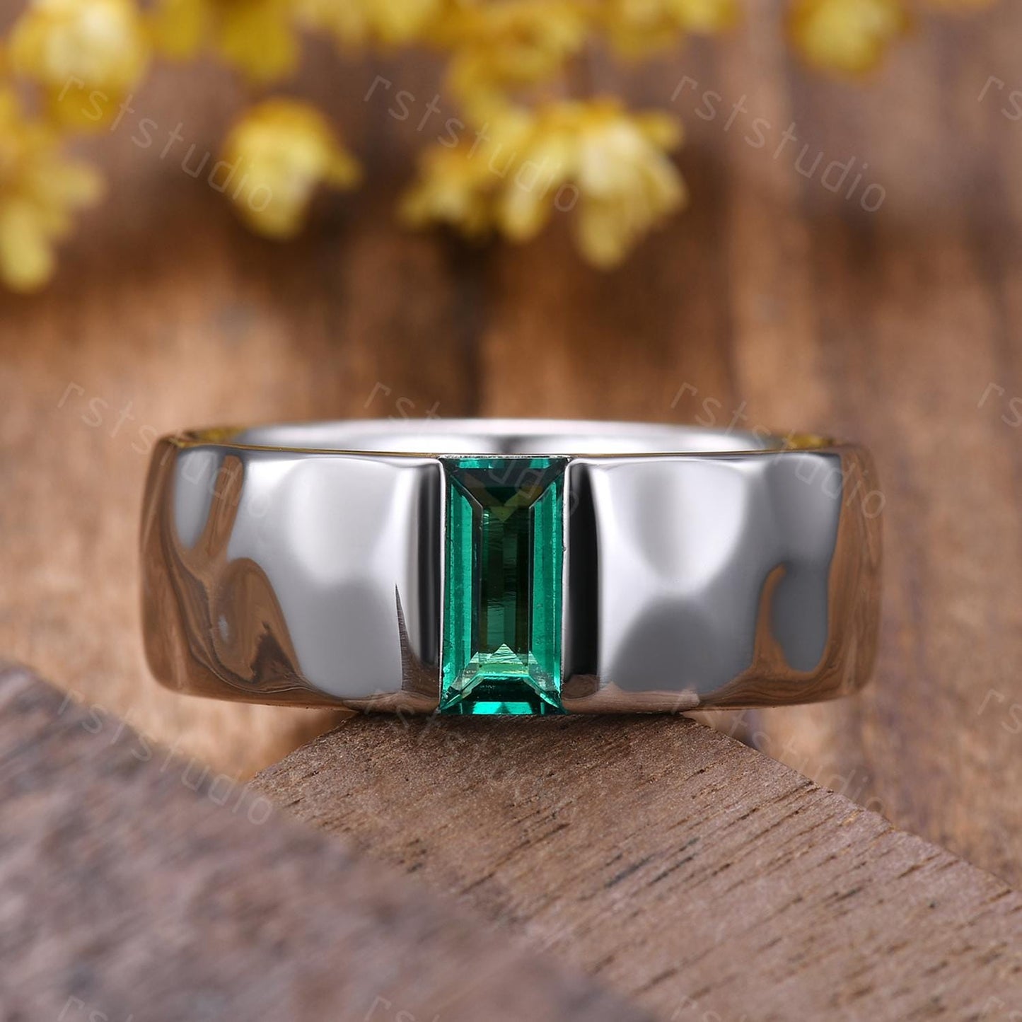 Mens Baguette Emerald Ring: Hammered Sterling Silver Wedding Band