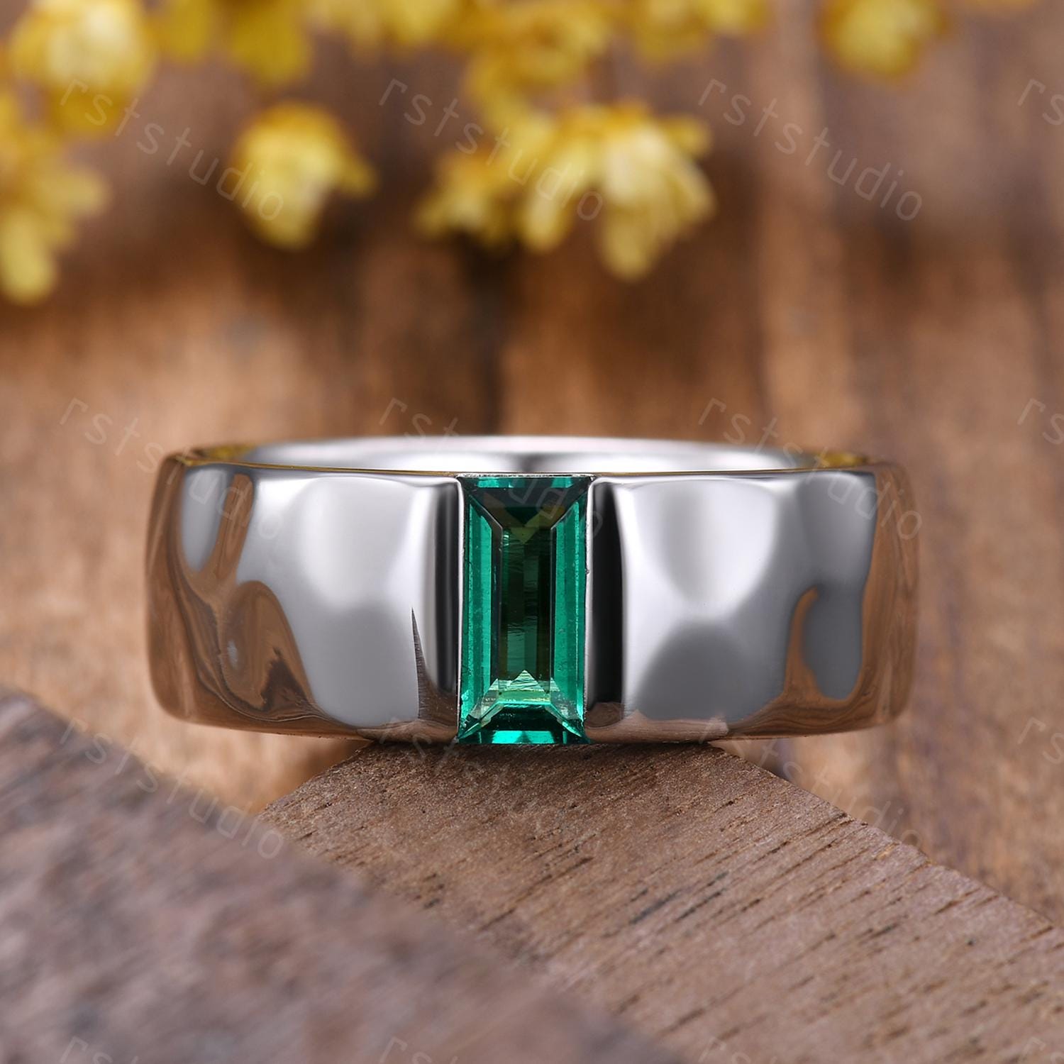 Mens Baguette Emerald Ring: Hammered Sterling Silver Wedding Band