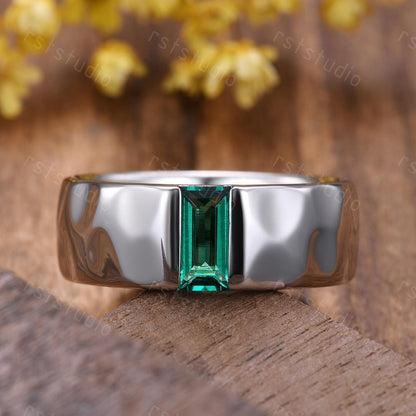 Mens Baguette Emerald Ring: Hammered Sterling Silver Wedding Band