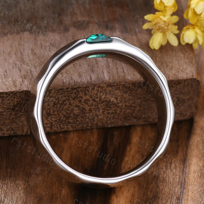 Mens Baguette Emerald Ring: Hammered Sterling Silver Wedding Band