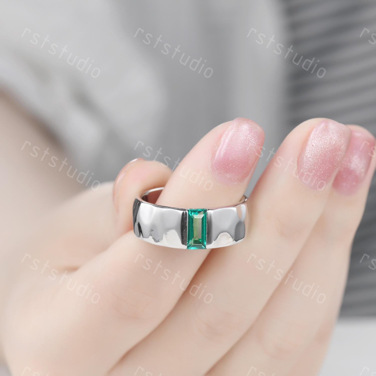 Mens Baguette Emerald Ring: Hammered Sterling Silver Wedding Band
