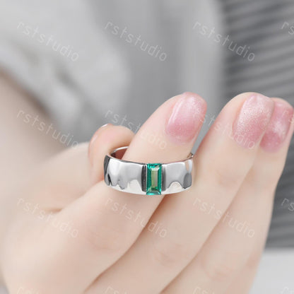 Mens Baguette Emerald Ring: Hammered Sterling Silver Wedding Band