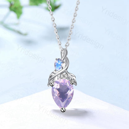 Unique Pear Shaped Lavender Amethyst Pendant Necklace Nature Inspired Leaves Moonstone Necklace Branch Leaf Vine Necklace Anniversary gifts - PENFINE