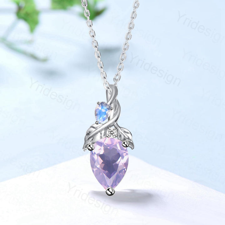 Unique Pear Shaped Lavender Amethyst Pendant Necklace Nature Inspired Leaves Moonstone Necklace Branch Leaf Vine Necklace Anniversary gifts - PENFINE