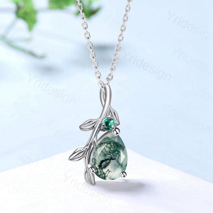 Natural Inspired Pear Shaped Moss Agate Pendant Necklace leaf branch emerald necklace silver rose gold green agate promise anniversary gifts - PENFINE