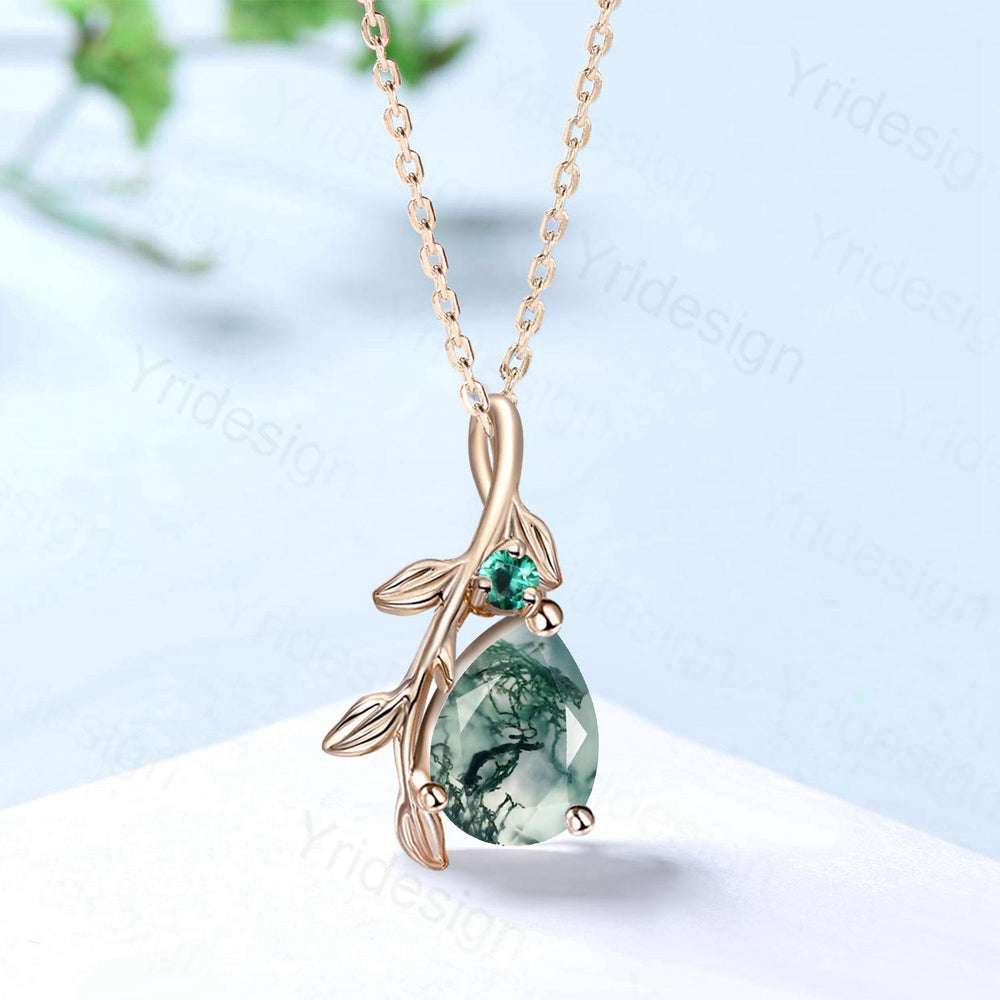Natural Inspired Pear Shaped Moss Agate Pendant Necklace leaf branch emerald necklace silver rose gold green agate promise anniversary gifts - PENFINE