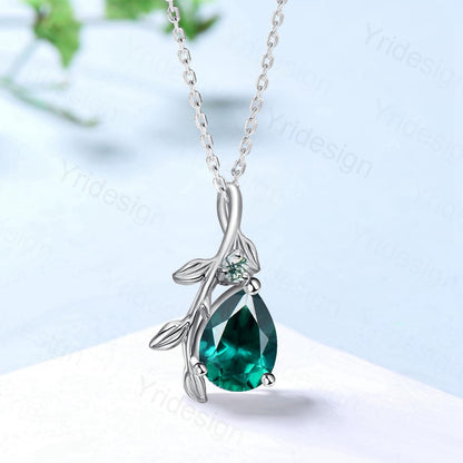 Natural Inspired Emerald Necklace leaf vine branch lab emerald necklace elegant twisted pendant  May birthstone anniversary gifts for mom - PENFINE